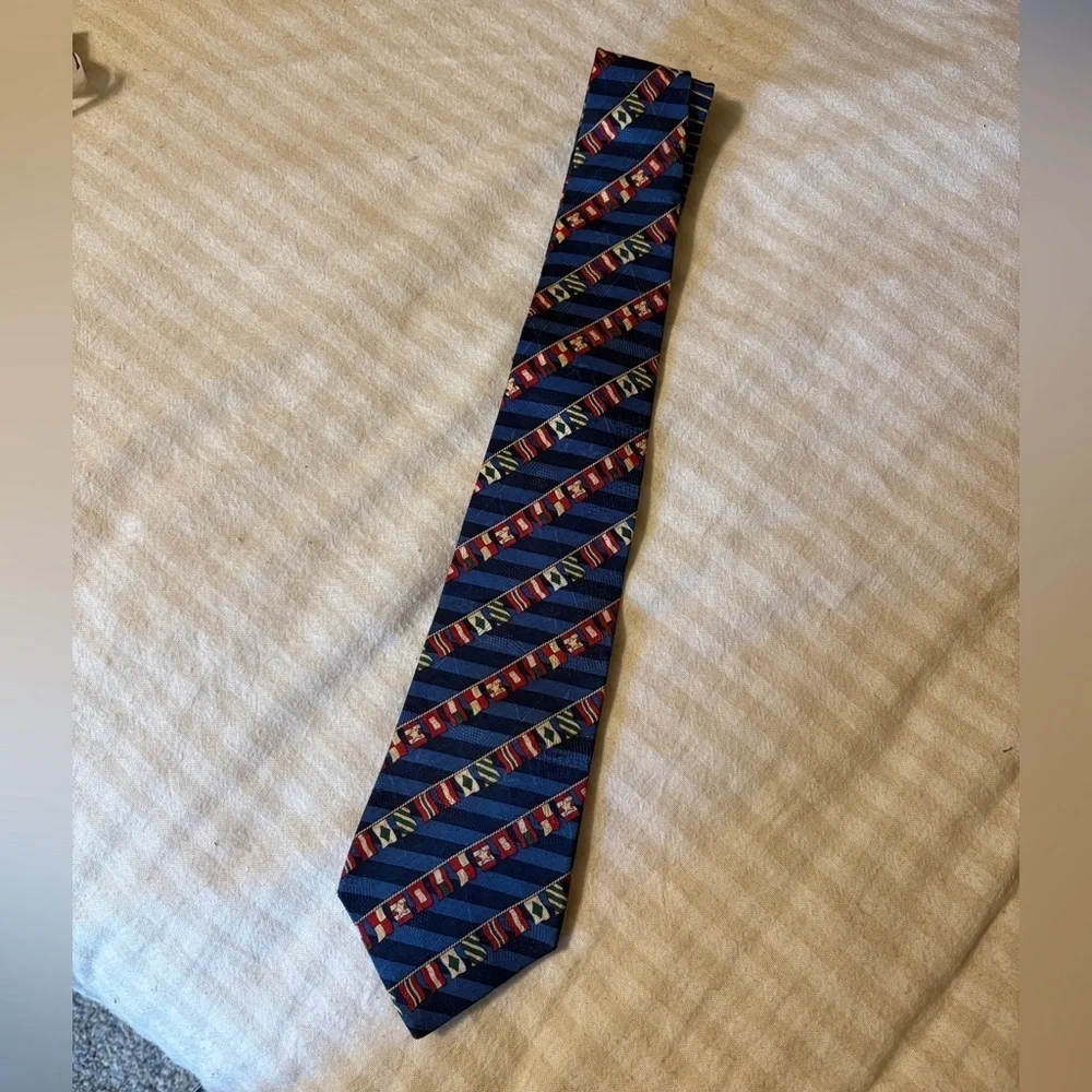 Tommy Hilfiger Men’s Tie Blue & Green Stripe Nautical Flag Print 100% SILK